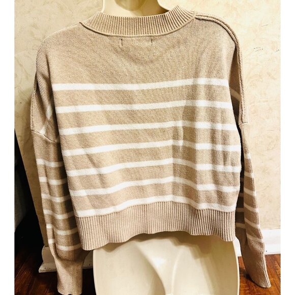 Merokeety Women Striped Tan-White Cropped Effortless Casualwear Belly Sweater M - Picture 3 of 8